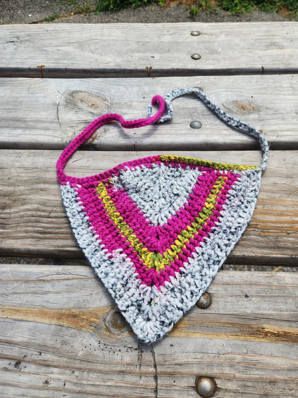 Handmade Crochet Triangle Sling Bag in Gray, Fuchsia & Lime